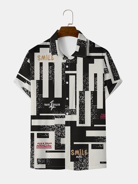 

Mens Geo Print Round Hem Loose Short Sleeve Shirts, Black, Men's Floral shirt