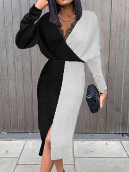 

Elegant Color Block Sweater Dress, As picture, Midi Dresses