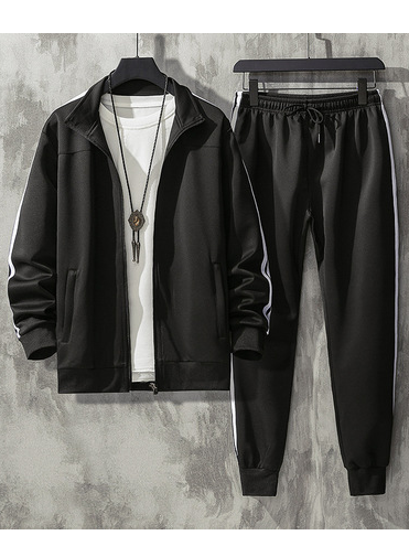 

Men's Sports And Leisure Hit Color Two-piece Suit, Black, Two-pieces