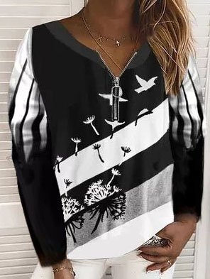 

Floral Printed Loosen Casual Crew Neck Zipper Long Sleeve Shirts & Tops, Black-white, Long sleeve tops