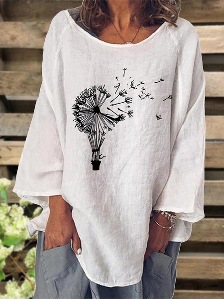 

Pastoral Dandelion Printed Long Sleeves Cotton Linen Crew Neck Shirts & Tops, White, Tops