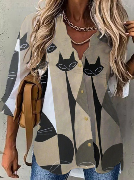 

Cute Cat Cotton Blends V Neck Shirts & Tops, Light khaki, Shirts & Blouses