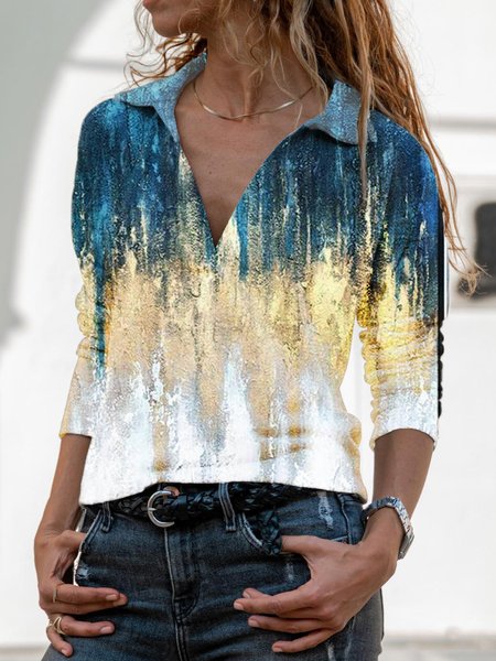 

Casual Long Sleeve V Neck Printed Top, Multicolor, Tops