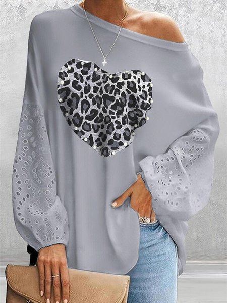 

Leopard Casual Loosen Shirts & Tops, Gray, Long sleeve tops