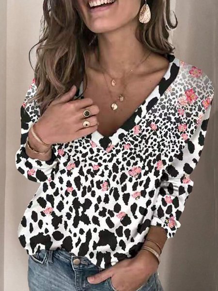 

Leopard Casual Loosen V Neck Tops, Tops