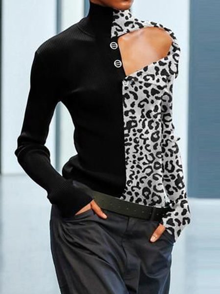 

Long Sleeve Regular Fit Lady Leopard Top, Black, Tops