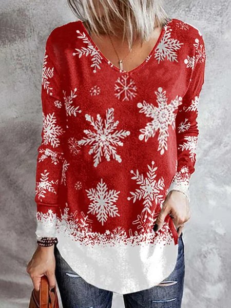 

V Neck Christmas Snowman Loosen Shirts & Tops, Red, Tunics