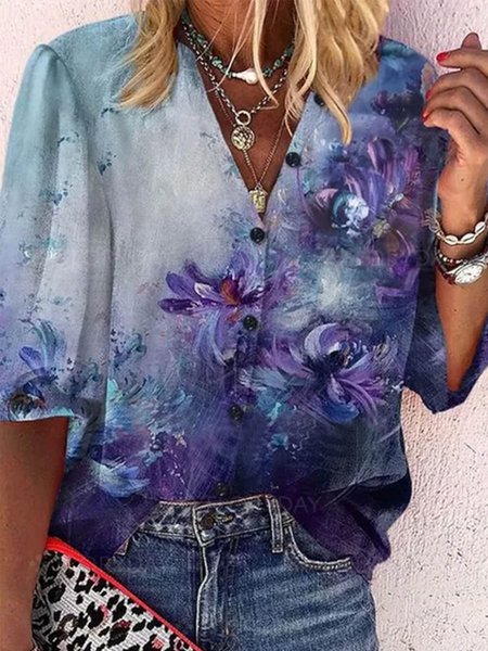 

Floral Elegant Shirt Collar Shirts & Tops, Blue, Shirts & Blouses