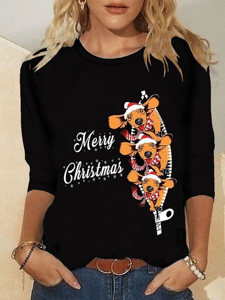 

Christmas Xmas Long Sleeve Round Neck Plus Size Printed Tops T-shirts, Black, T-Shirts