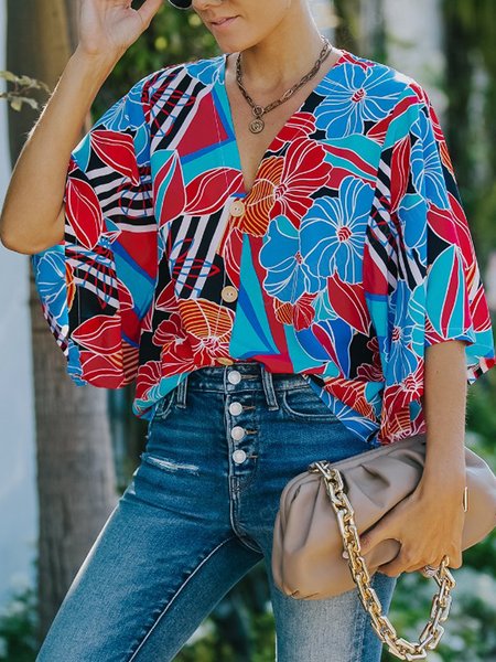 

Vintage Loosen Printed Shirts & Tops, Black-blue, Shirts & Blouses