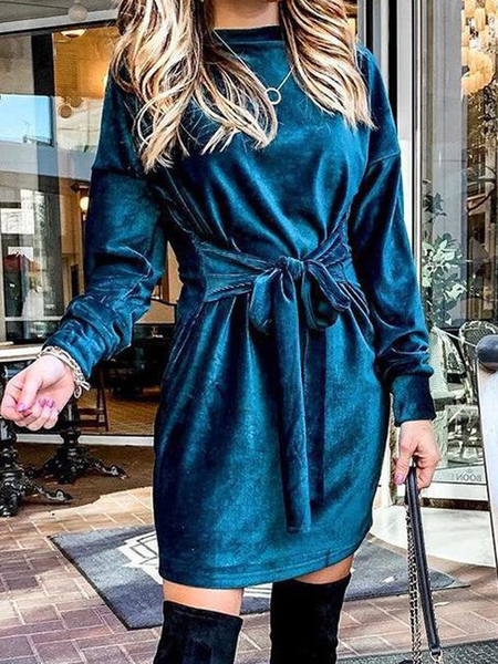 

Casual Crew Neck Lace-Up Dresses, Blue, Midi Dresses