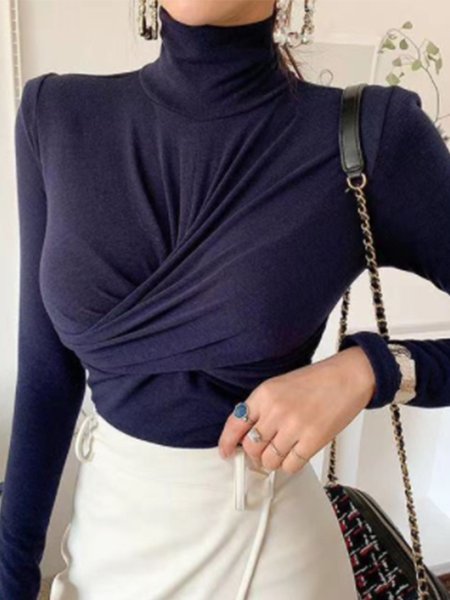 

Lady Long Sleeve Solid Skinny Top, Deep blue, Blouses and Shirts