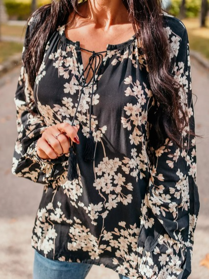 

Floral V Neck Loosen Shirts & Tops, Black, Long sleeve tops