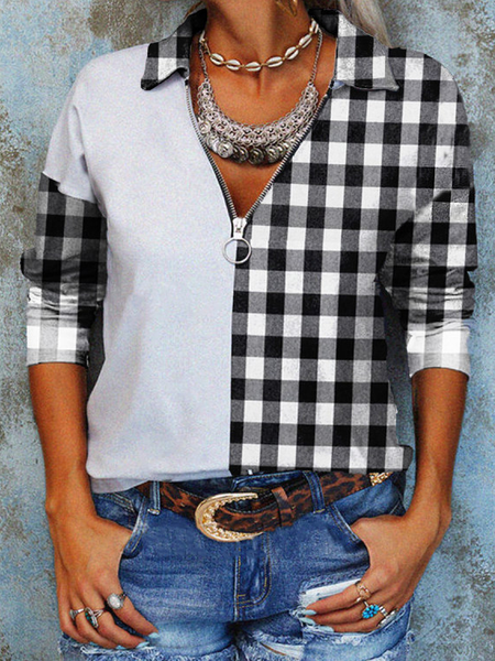 

Casual Lapel Color Block Shirts & Tops, Gray, Long sleeve tops