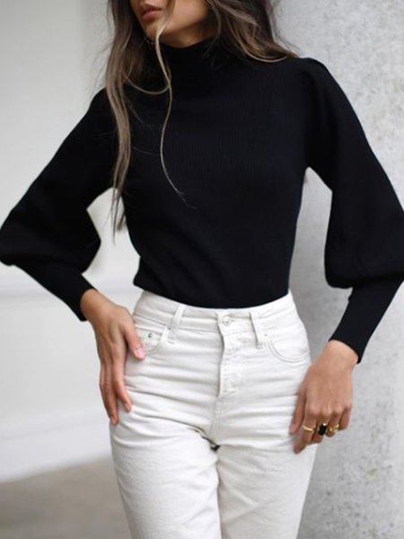 

Long Sleeve Solid High Neck Regular Fit Top, Black, Tops