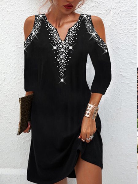 

V Neck Elegant Polka Dots Dresses, Black, Midi Dresses