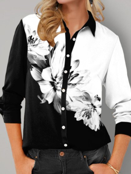 

Shirt Collar Floral Loosen Shirts & Tops, Black-white, Shirts & Blouses