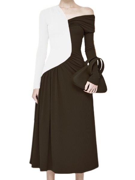 

Asymmetric,Ruffled,Irregular craftsmanship Patchwork Asymmetrical Neck Dresses, Black-white, Midi Dresses
