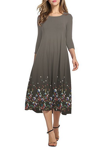 

Casual Floral Printed Long Sleeves Vintage Weaving Dress, Gray, Midi Dresses