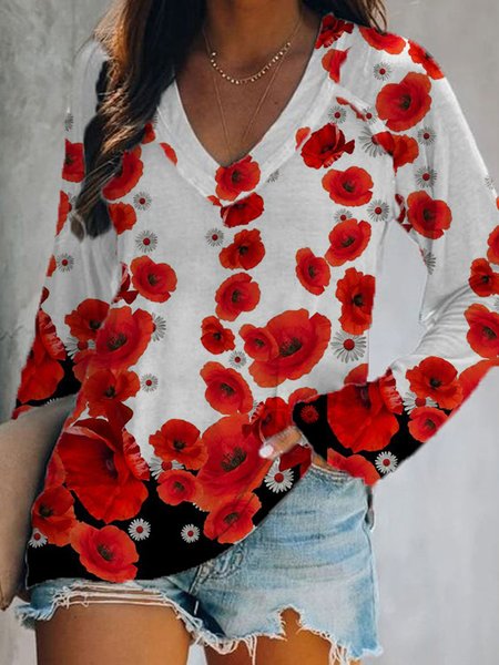 

Floral Loosen Cotton Shirts & Tops, As picture, T-Shirts