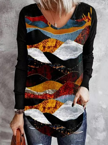 

Color Block V-Neckline Long Sleeve T-shirts, Black, Long sleeve tops