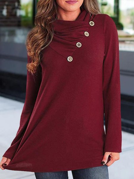 

Casual Buttoned Ruched Shirts & Tops, Red, Long sleeve tops