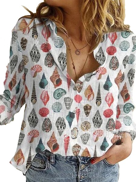 

Printed Shirt Collar Long Sleeve Shirts & Tops, White, Shirts & Blouses