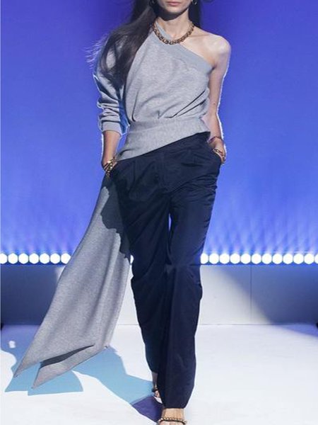 

One Shoulder Casual Solid Shirt & Top, Light gray, Tops