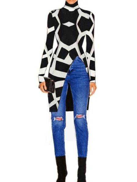 

Winter Geometric Long sleeve High Neck Daily Tops, Black, Tops