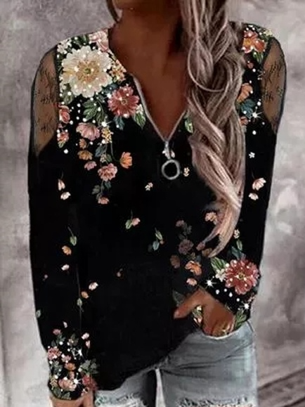 

Floral Cotton Blends T-shirt, Black, Tees & T-shirts