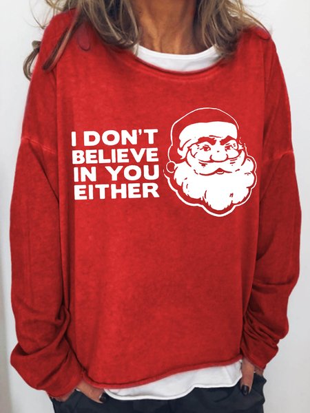 

I Dont Believe In You Either Satan Xmas Christmas Crew Neck Letter Casual Sweatshirt, Red, Hoodies&Sweatshirts