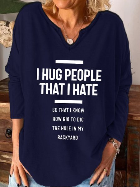

Funny text print notched neck long sleeve shirt, Purplish blue, Hoodies&Sweatshirts