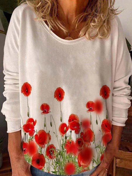 

Floral Printed Round Neck Long Sleeve Loosen Shirts & Tops, White, Tops