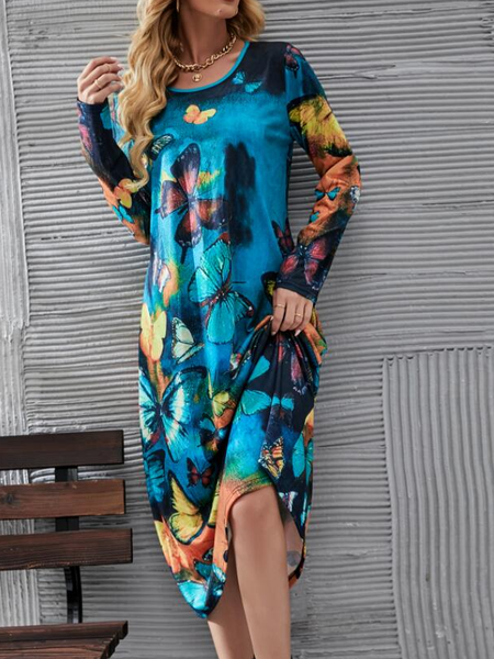 

Cotton Regular Fit Raglan Sleeve Dresses, Blue, Boho dresses