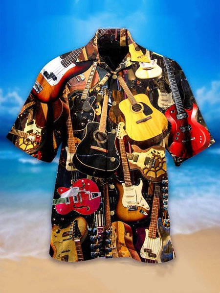 

Mens Guitar Print Casual Short Sleeve Shirt Hawaiian Funky Top, Black, Short Sleeve Shirts