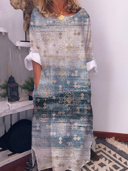 

Geometric Print Casual Long Sleeved Loosen Maxi Dresses, Blue, Tie dye dress