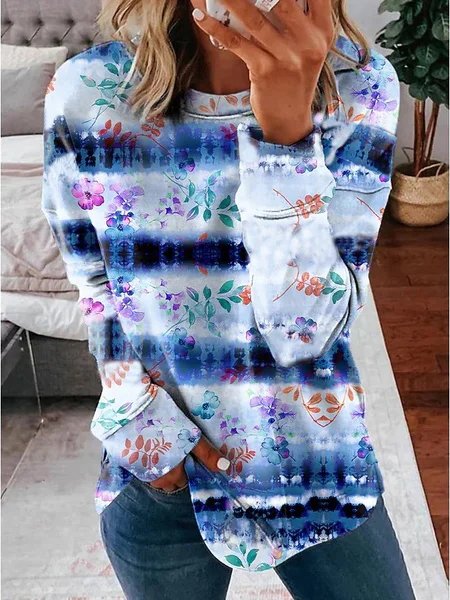 

Casual Floral Cotton Blends Sweatshirt, Blue, Sweatshirts & Hoodies