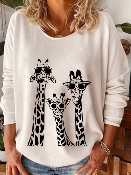 

Casual Crew Neck Animal Loosen Long Sleeve Shirts & Tops, As picture, Tops