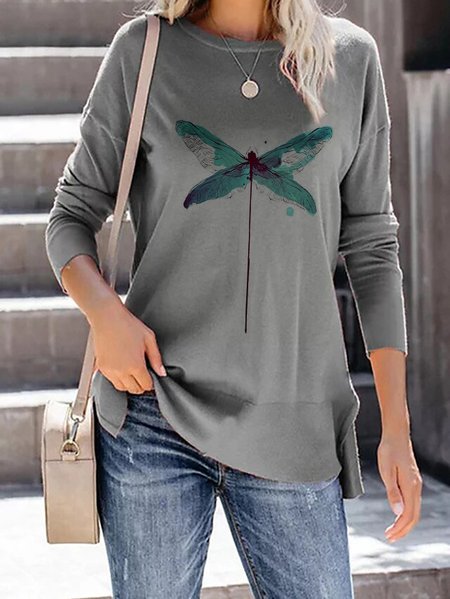 

Draqonfly Casual Crew Neck Shirts & Tops, Gray, Long sleeve tops