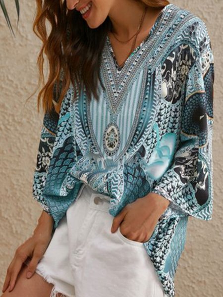 

Floral Casual Loosen Shirts & Tops, Green, Long sleeve tops