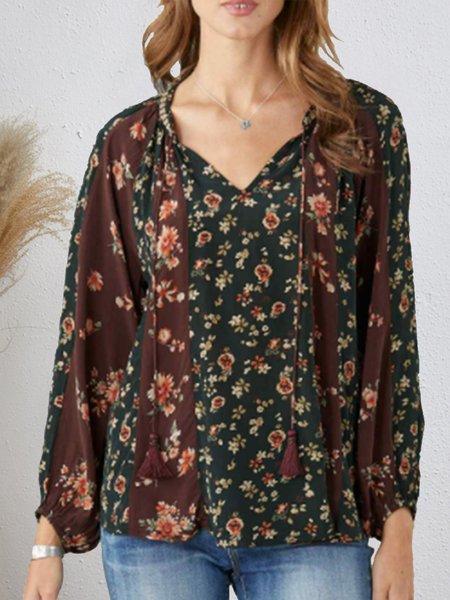 

Loosen Floral Vintage V Neck Blouse, Multicolor, Shirts & Blouses