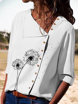 

Dandelion Printed Casual Lapel Long Sleeve Shirts & Tops, White, Shirts & Blouses