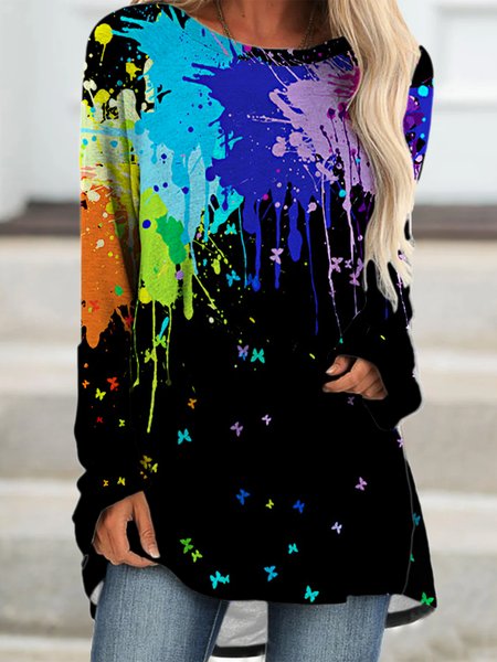

Graffiti Print Long-sleeved Crew Neck Knitting Dress, As picture, Long sleeves