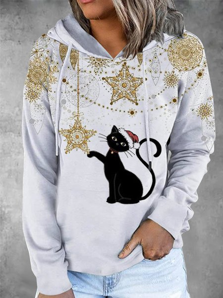 

Round Neck Animal Cat Loosen Casual Hooded Sweatshirt, White, Sweatshirts & Hoodies