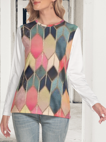 

Casual Household Daily Vintage Geometric Loosen Cotton Blends Shirts & Tops, White, Long sleeve tops