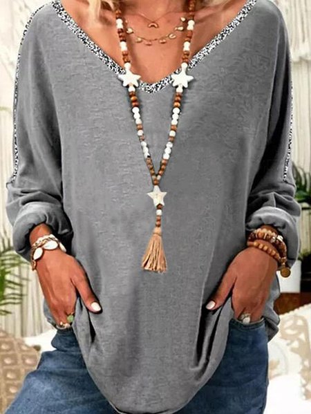 

V Neck Casual Shirt Sleeve Loosen Shirts & Tops, Gray, Long sleeve tops