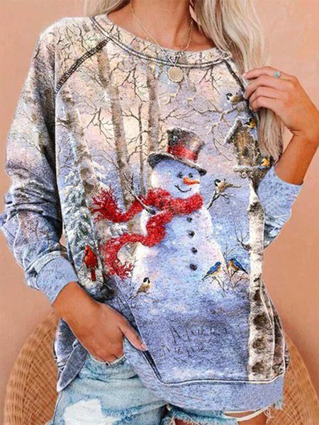 

Christmas Snowman Printed Long Sleeve Crew Neck Plus Size Casual Sweatshirts, Multicolor, Hoodies & Sweatshirts