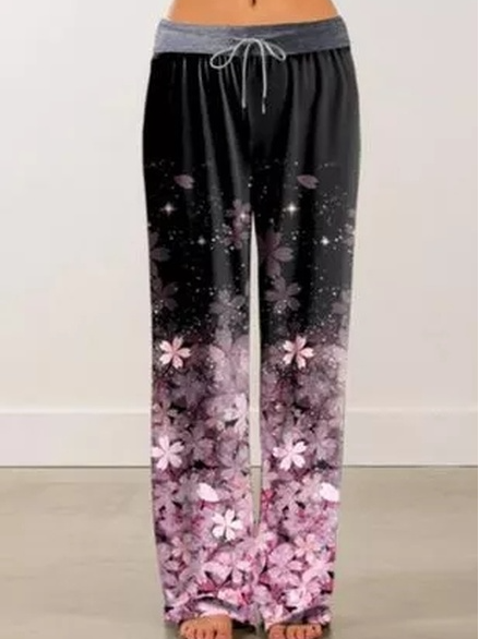 

Floral Casual Loosen Cotton Blends Pants, Black, Pants