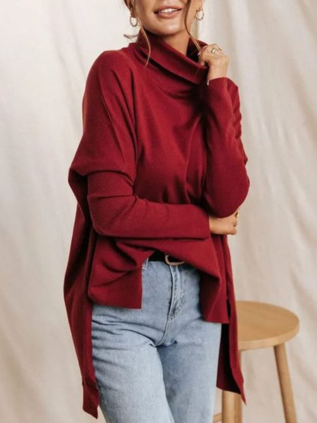 

High Neck Oversize Casual Plain Top, Red, Tops