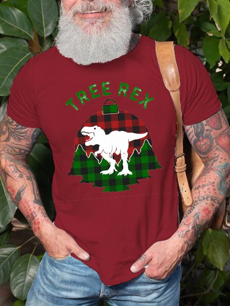 Fun dinosaur print round neck short sleeve T-shirt, Red, T-shirts